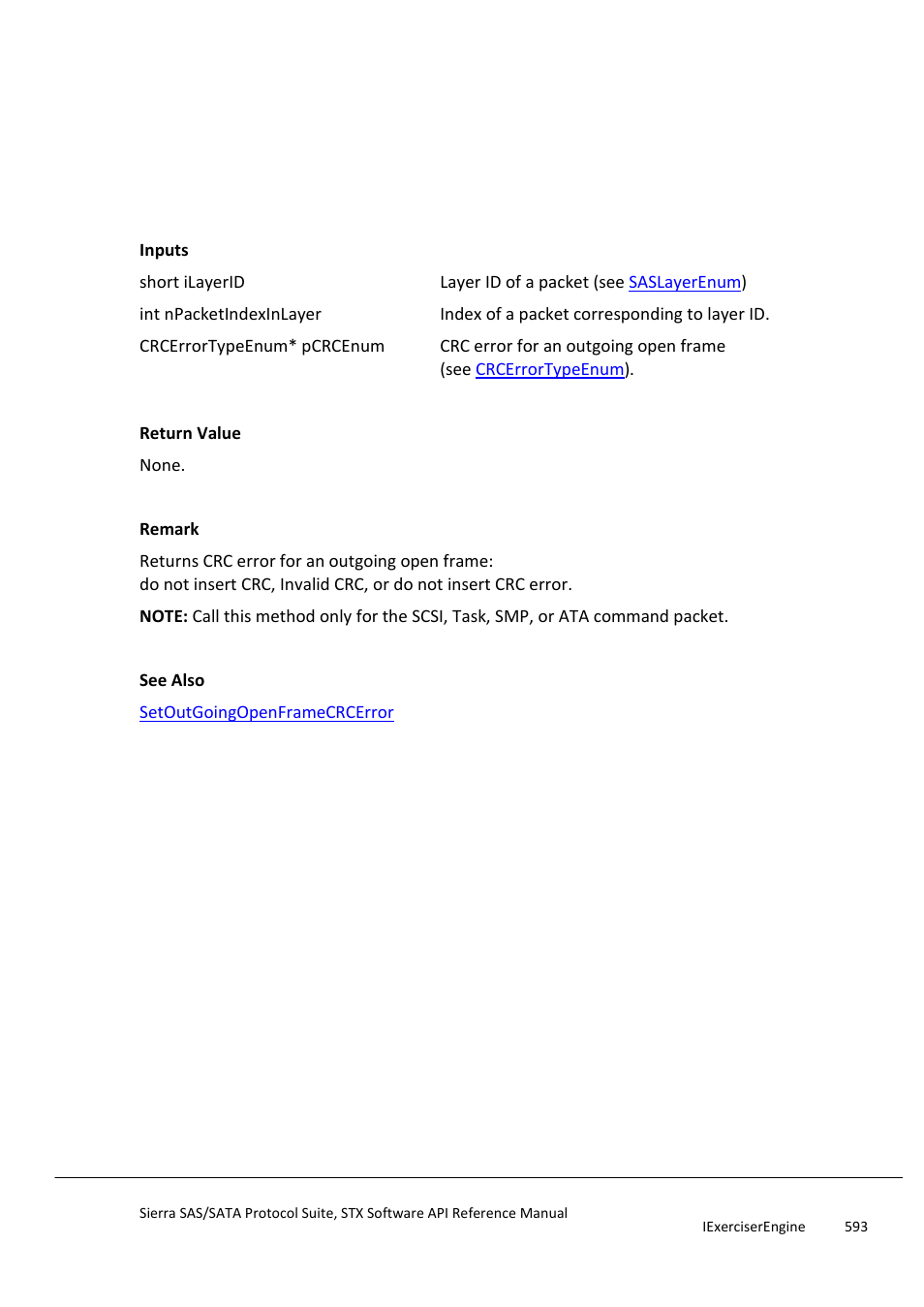 Getoutgoingopenframecrcerror, Getoutgoingopenframedisparityerr | Teledyne LeCroy Sierra SAS_SATA Protocol Analyzer STX API Reference Manual User Manual | Page 593 / 979