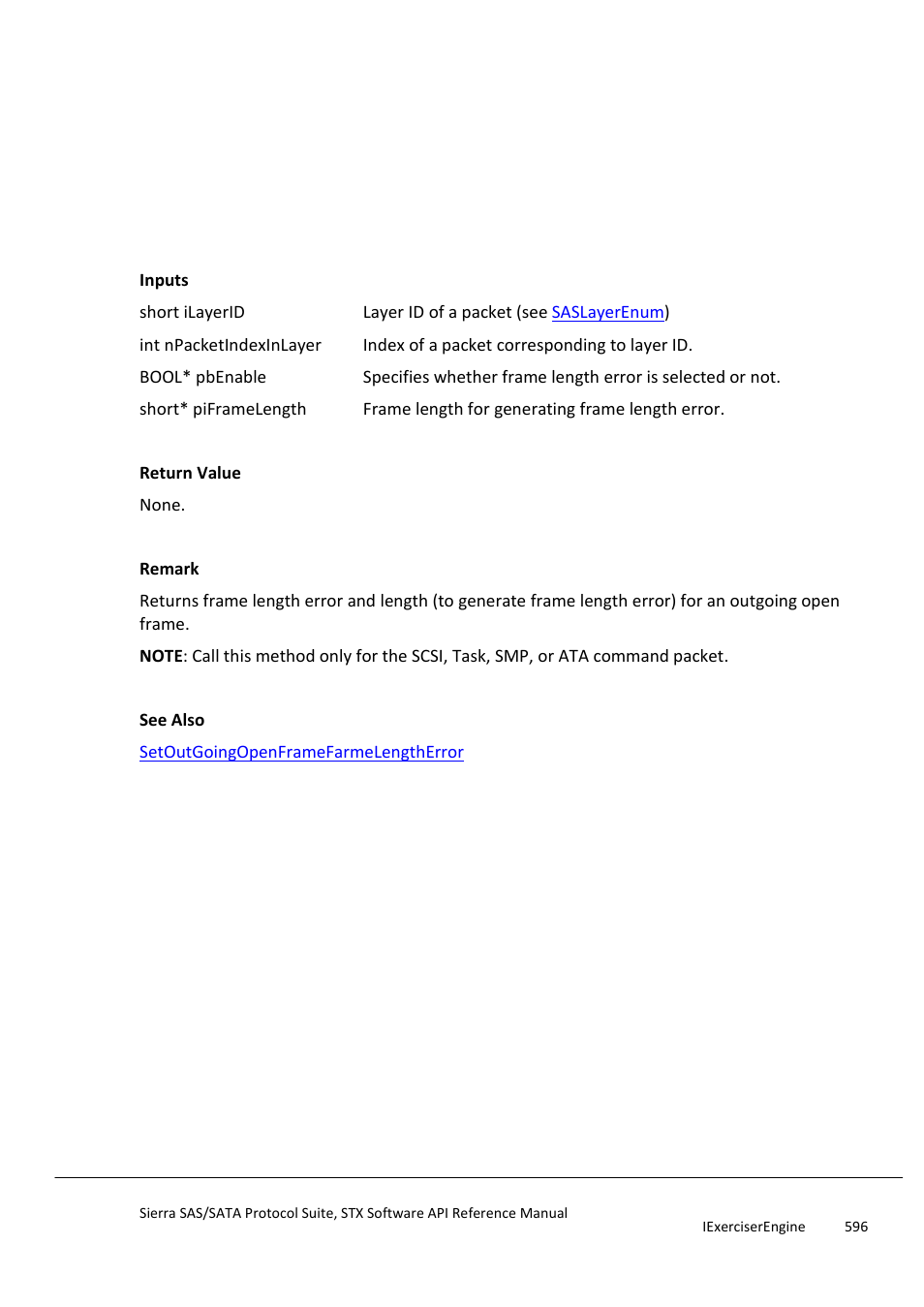 Getoutgoingopenframefarmelengtherror, Getoutgoingopenframeinvalidfields | Teledyne LeCroy Sierra SAS_SATA Protocol Analyzer STX API Reference Manual User Manual | Page 596 / 979