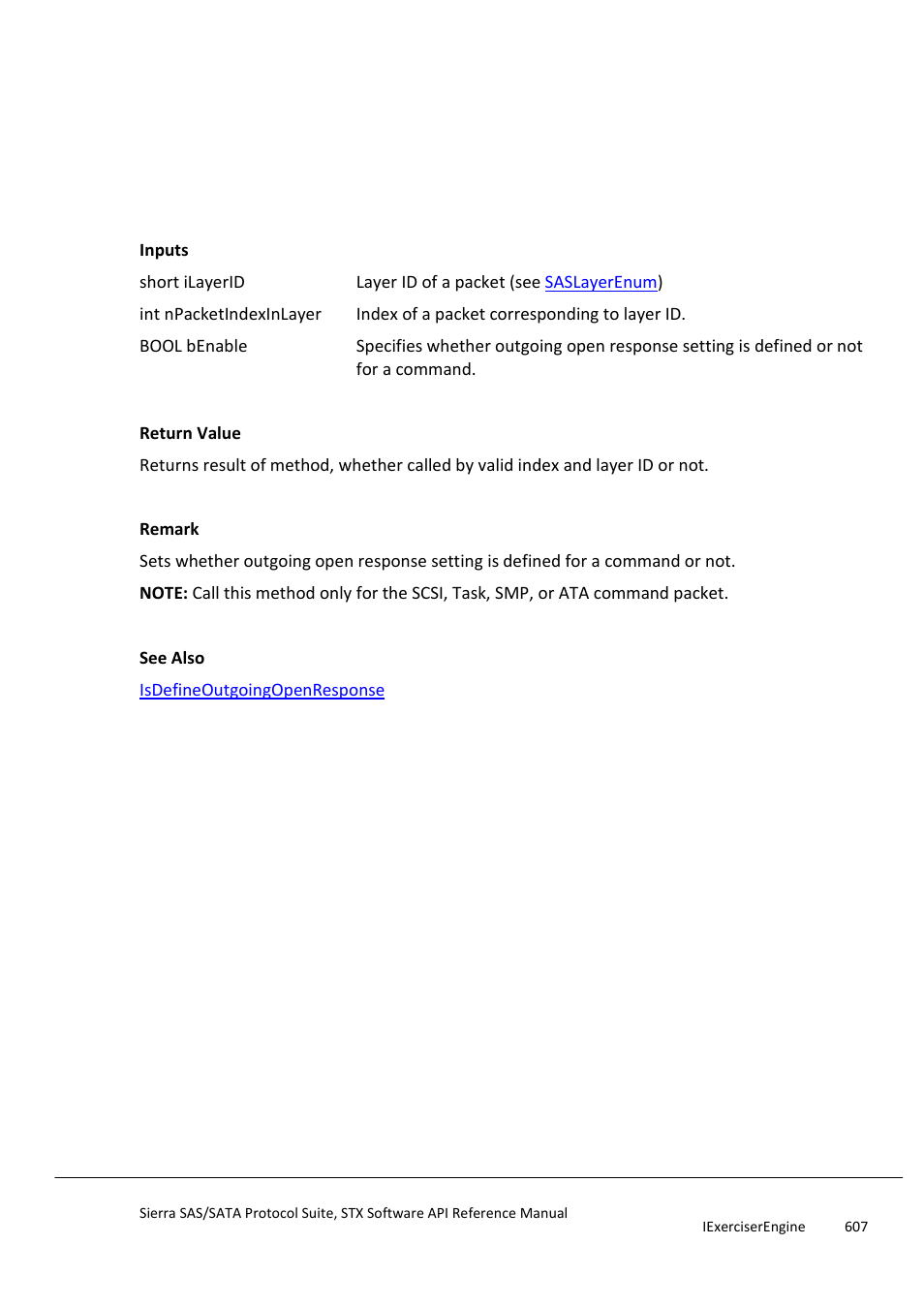 Setdefineoutgoingopenresponse, Setidentifyframecodeviolationanddi, Sparityerrorattribute | Teledyne LeCroy Sierra SAS_SATA Protocol Analyzer STX API Reference Manual User Manual | Page 607 / 979