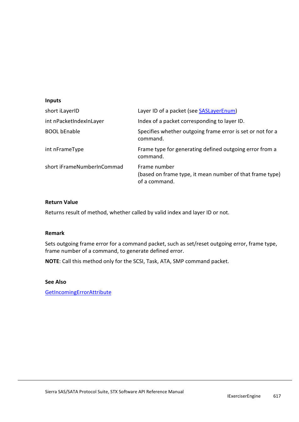 Setoutgoingerrorattribute, Setoutgoingerrorsmpfunction | Teledyne LeCroy Sierra SAS_SATA Protocol Analyzer STX API Reference Manual User Manual | Page 617 / 979
