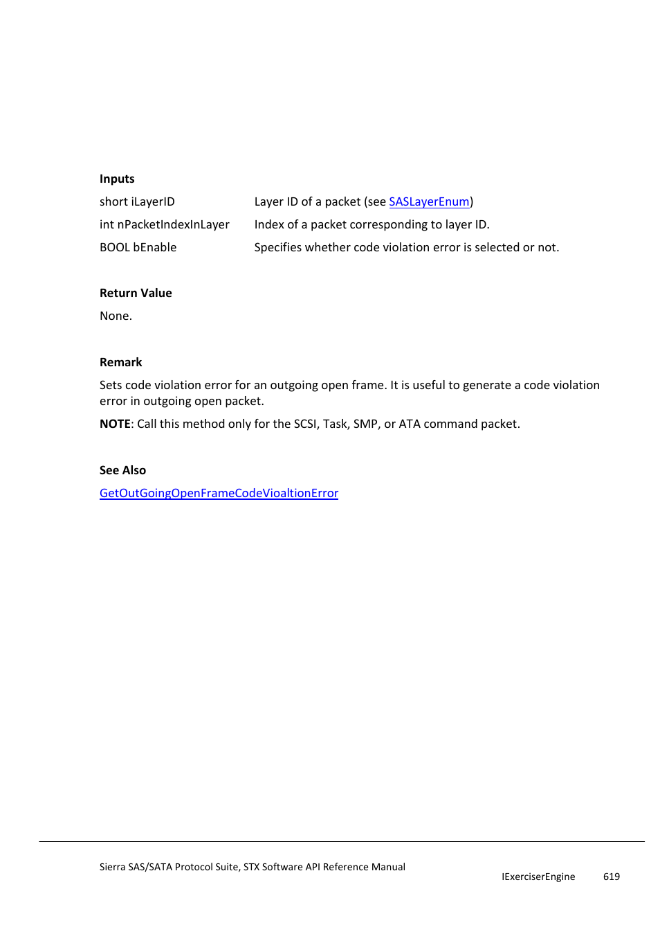 Setoutgoingopenframecodevioaltionerror, Setoutgoingopenframecodeviolatio, Nanddisparityerrorattribute | Teledyne LeCroy Sierra SAS_SATA Protocol Analyzer STX API Reference Manual User Manual | Page 619 / 979