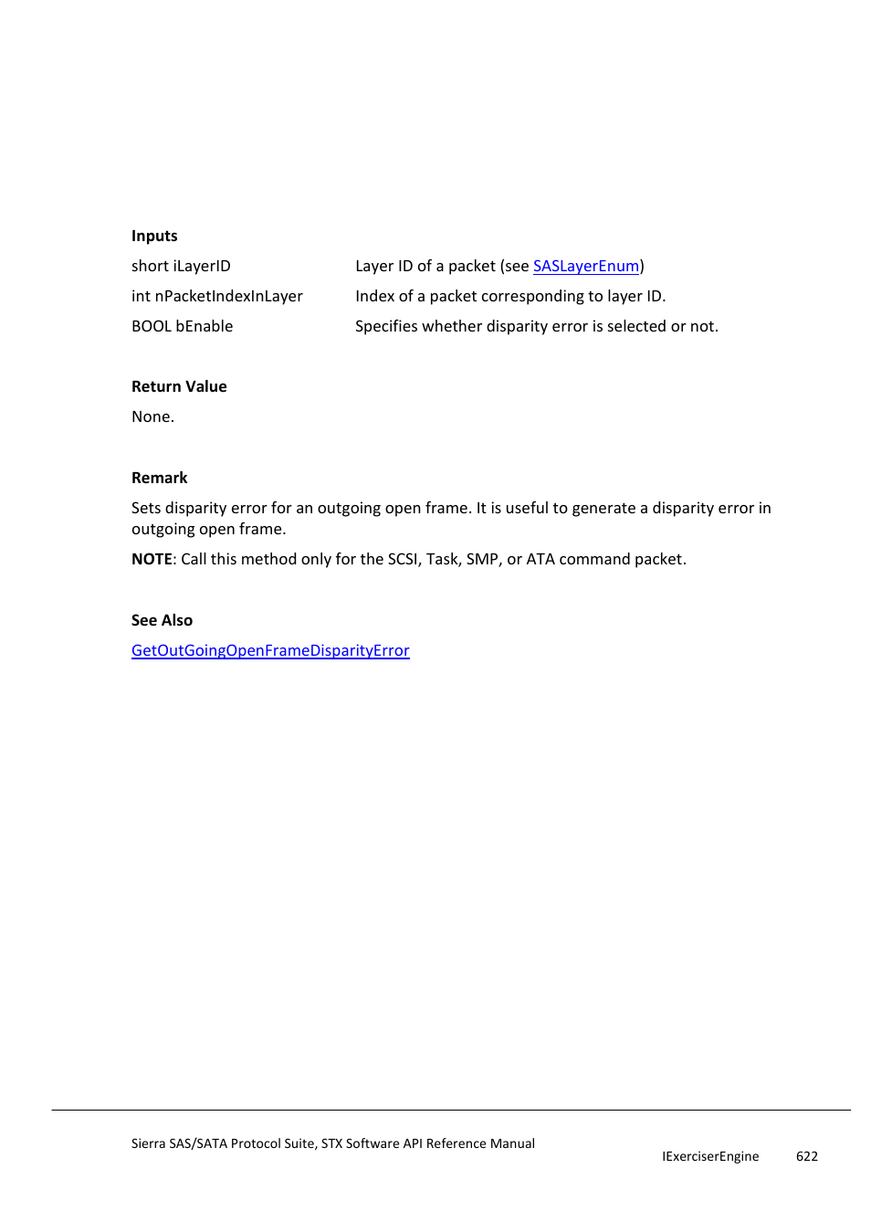 Setoutgoingopenframedisparityerror, Setoutgoingopenframeeoaferror | Teledyne LeCroy Sierra SAS_SATA Protocol Analyzer STX API Reference Manual User Manual | Page 622 / 979