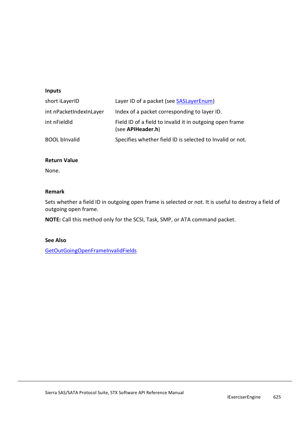 Setoutgoingopenframeinvalidfields, Setoutgoingopenframesoaferror | Teledyne LeCroy Sierra SAS_SATA Protocol Analyzer STX API Reference Manual User Manual | Page 625 / 979