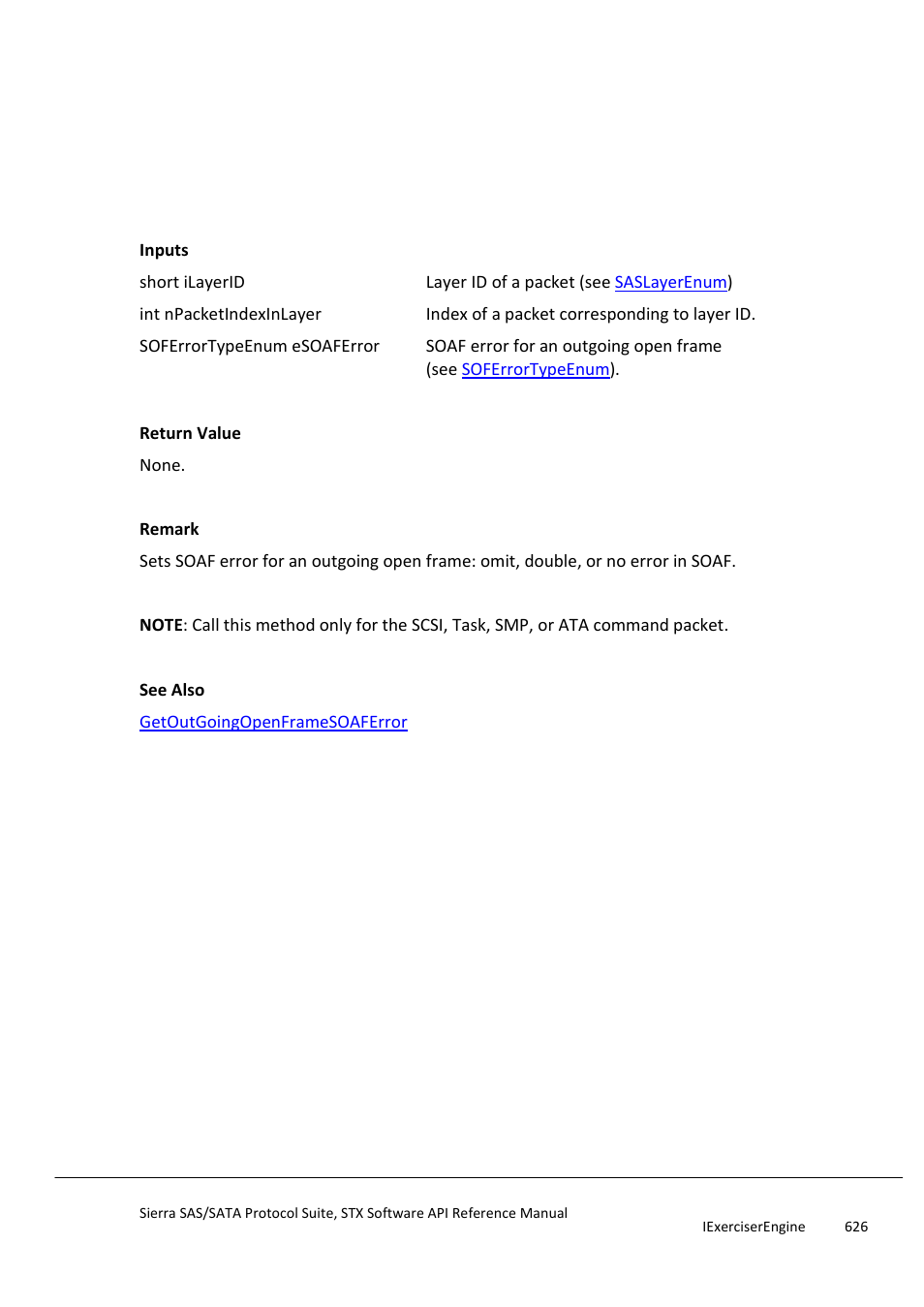 Setoutgoingopenframesoaferror, Setoutgoingopenframetypeerror | Teledyne LeCroy Sierra SAS_SATA Protocol Analyzer STX API Reference Manual User Manual | Page 626 / 979