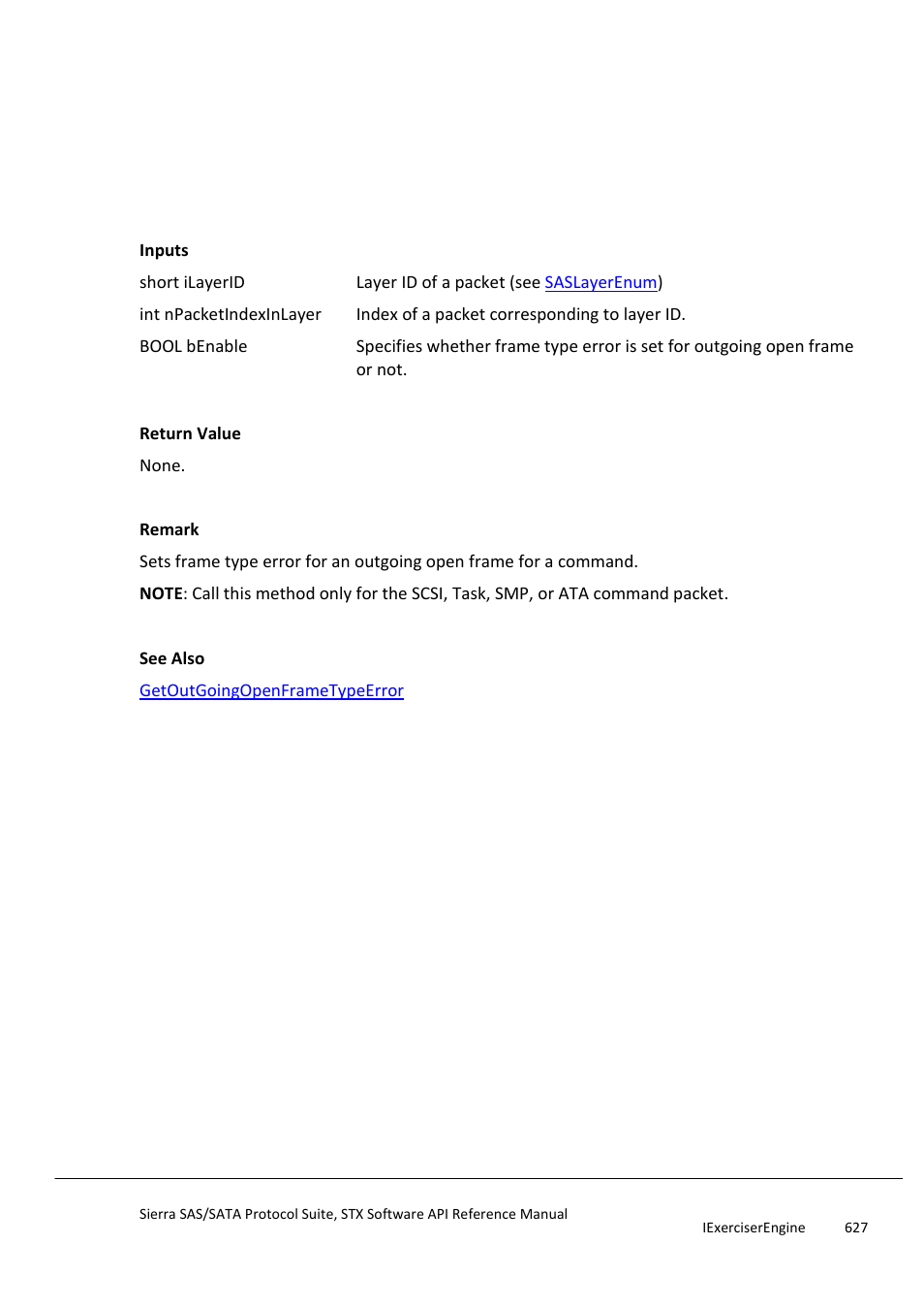 Setoutgoingopenframetypeerror, Setrespondingcloseconnection | Teledyne LeCroy Sierra SAS_SATA Protocol Analyzer STX API Reference Manual User Manual | Page 627 / 979