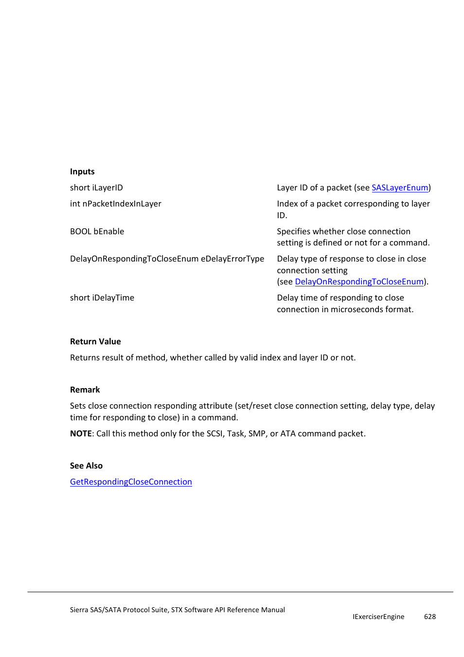 Setrespondingcloseconnection, Itargetemulengine | Teledyne LeCroy Sierra SAS_SATA Protocol Analyzer STX API Reference Manual User Manual | Page 628 / 979