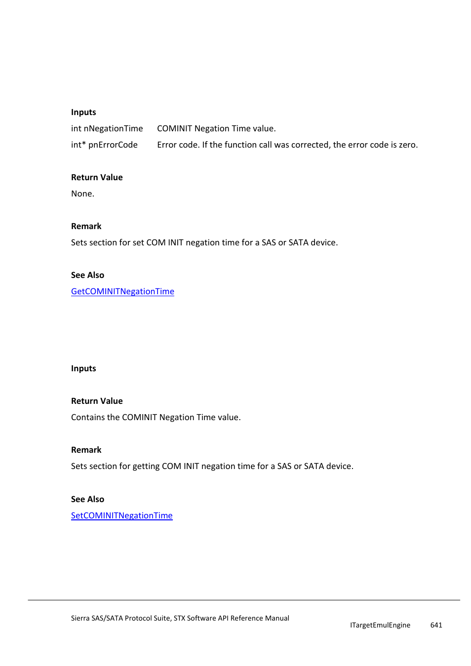 Setcominitnegationtime, Getcominitnegationtime, Setcominitburstcount | Teledyne LeCroy Sierra SAS_SATA Protocol Analyzer STX API Reference Manual User Manual | Page 641 / 979