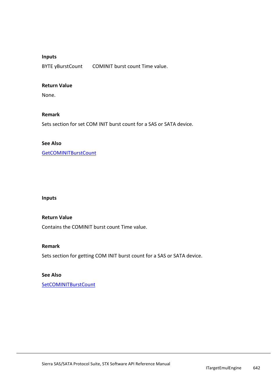 Setcominitburstcount, Getcominitburstcount, Setcominitbursttime | Teledyne LeCroy Sierra SAS_SATA Protocol Analyzer STX API Reference Manual User Manual | Page 642 / 979
