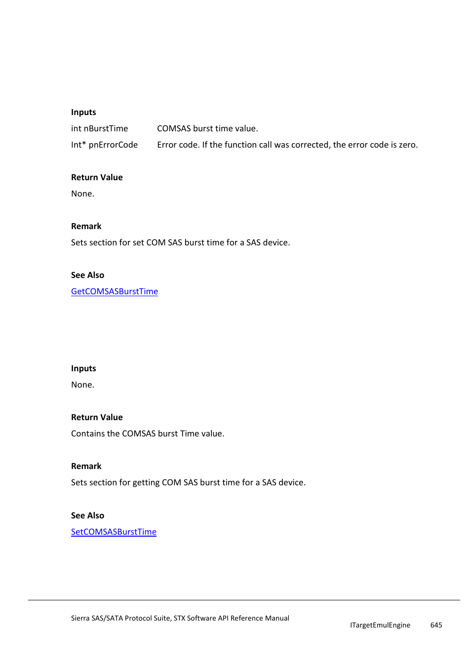 Setcomsasbursttime, Getcomsasbursttime, Setcomsasidletime | Teledyne LeCroy Sierra SAS_SATA Protocol Analyzer STX API Reference Manual User Manual | Page 645 / 979