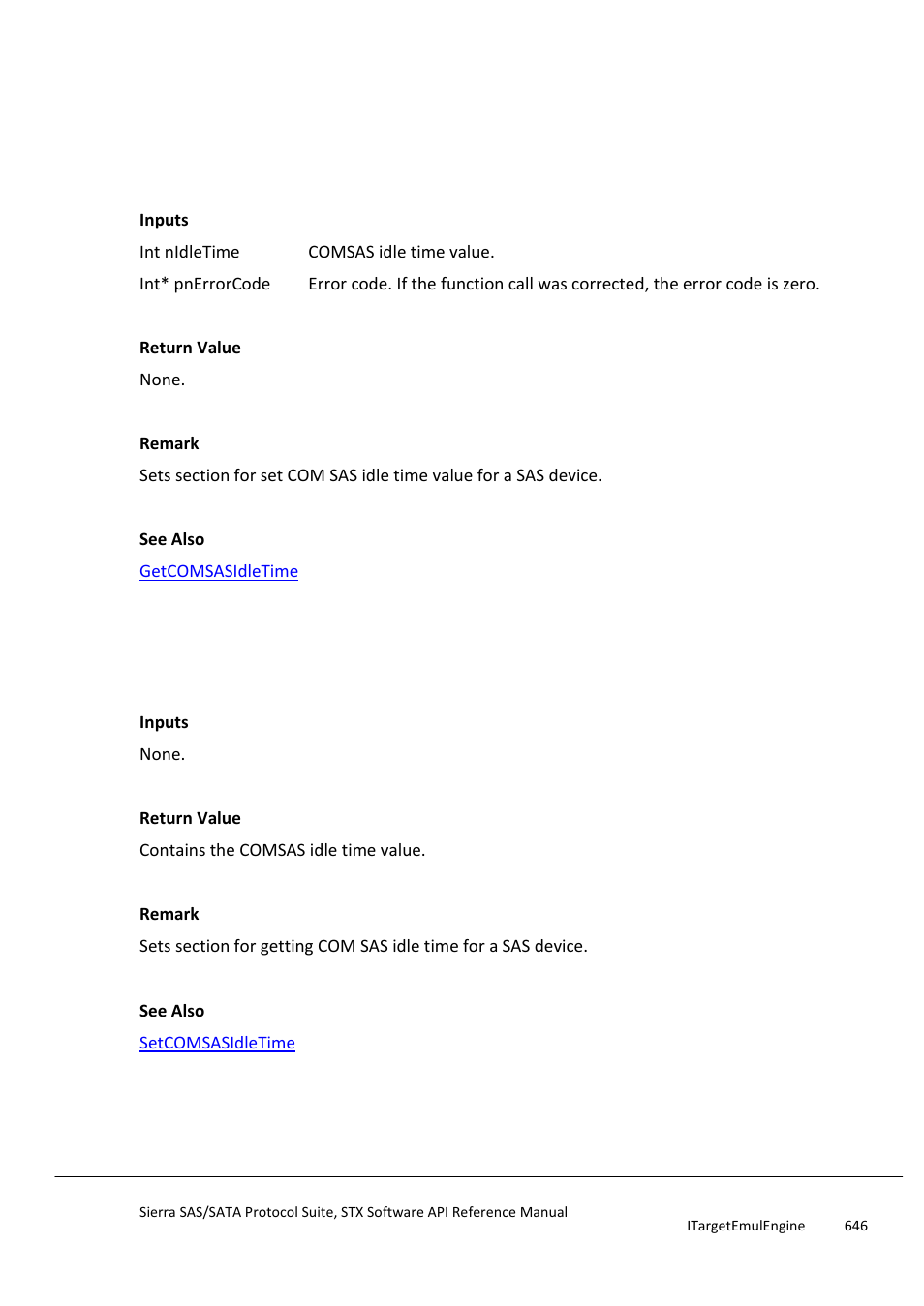 Setcomsasidletime, Getcomsasidletime, Setcomsasnegationtime | Teledyne LeCroy Sierra SAS_SATA Protocol Analyzer STX API Reference Manual User Manual | Page 646 / 979