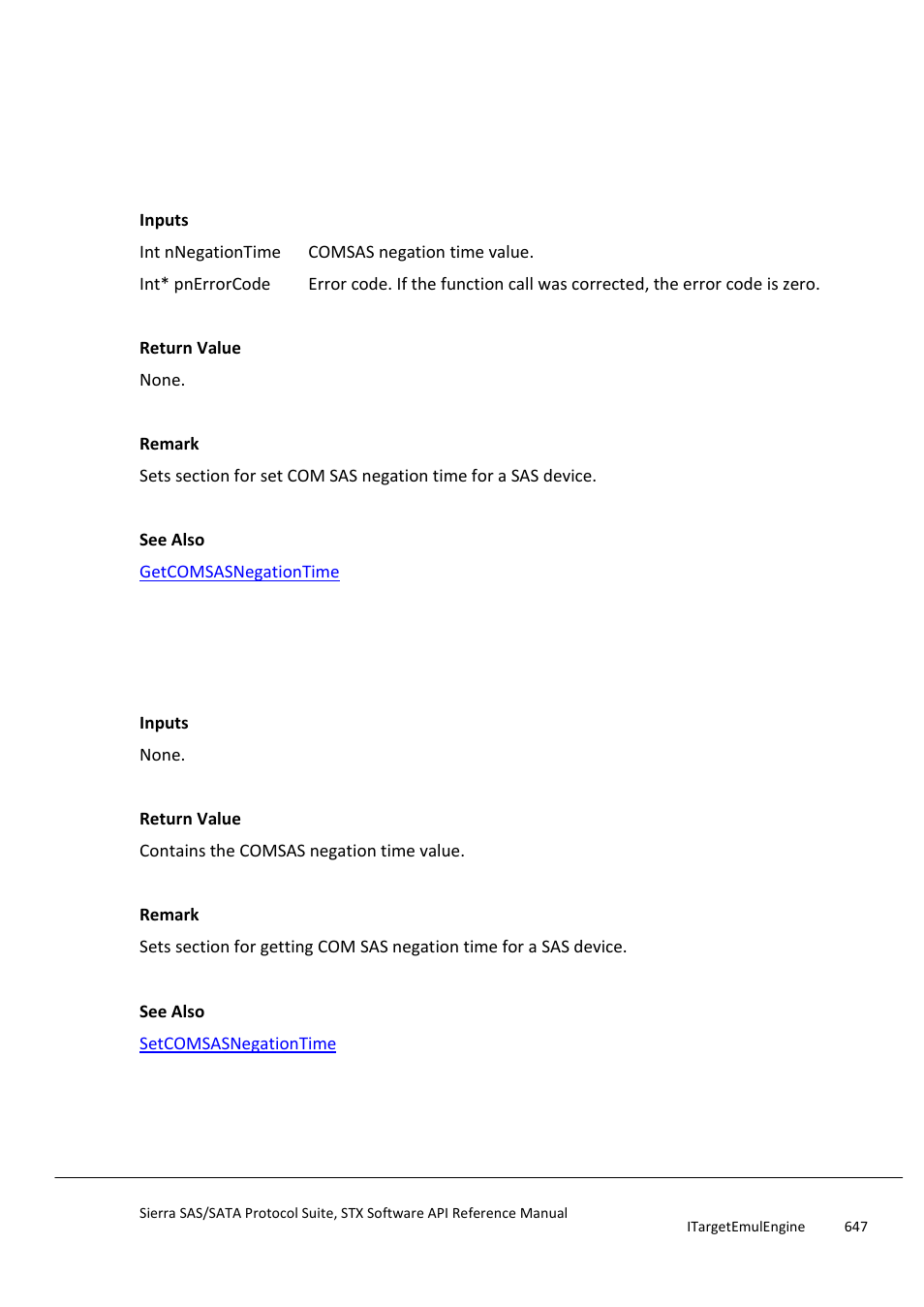 Setcomsasnegationtime, Getcomsasnegationtime, Setcomsasburstcount | Teledyne LeCroy Sierra SAS_SATA Protocol Analyzer STX API Reference Manual User Manual | Page 647 / 979