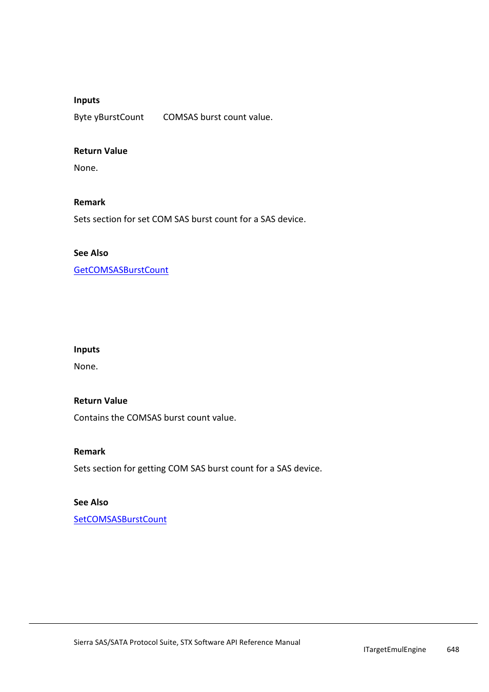 Setcomsasburstcount, Getcomsasburstcount, Setcomwakebursttime | Teledyne LeCroy Sierra SAS_SATA Protocol Analyzer STX API Reference Manual User Manual | Page 648 / 979