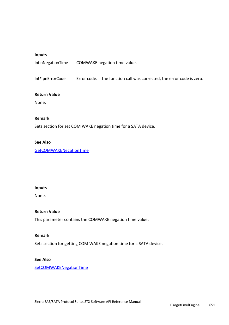 Setcomwakenegationtime, Getcomwakenegationtime | Teledyne LeCroy Sierra SAS_SATA Protocol Analyzer STX API Reference Manual User Manual | Page 651 / 979