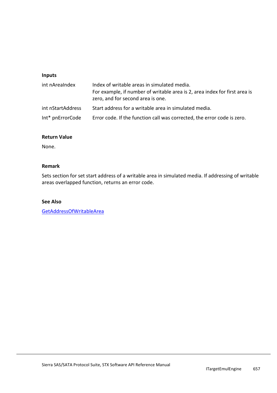 Setaddressofwritablearea, Getaddressofwritablearea | Teledyne LeCroy Sierra SAS_SATA Protocol Analyzer STX API Reference Manual User Manual | Page 657 / 979