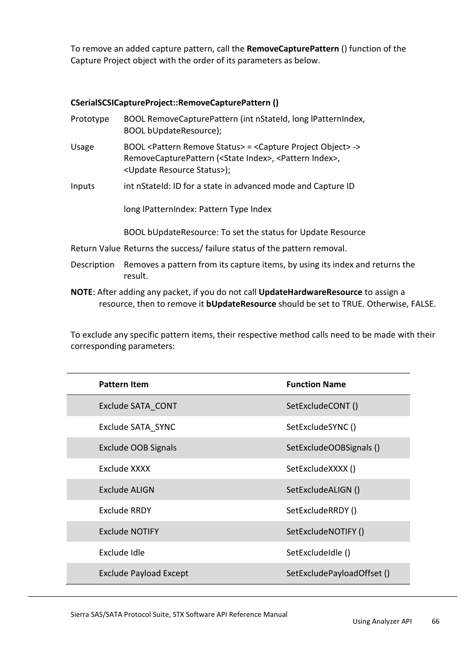 Remove a capture pattern, Exclude/include specific pattern items, Exclude/include pattern items | Teledyne LeCroy Sierra SAS_SATA Protocol Analyzer STX API Reference Manual User Manual | Page 66 / 979