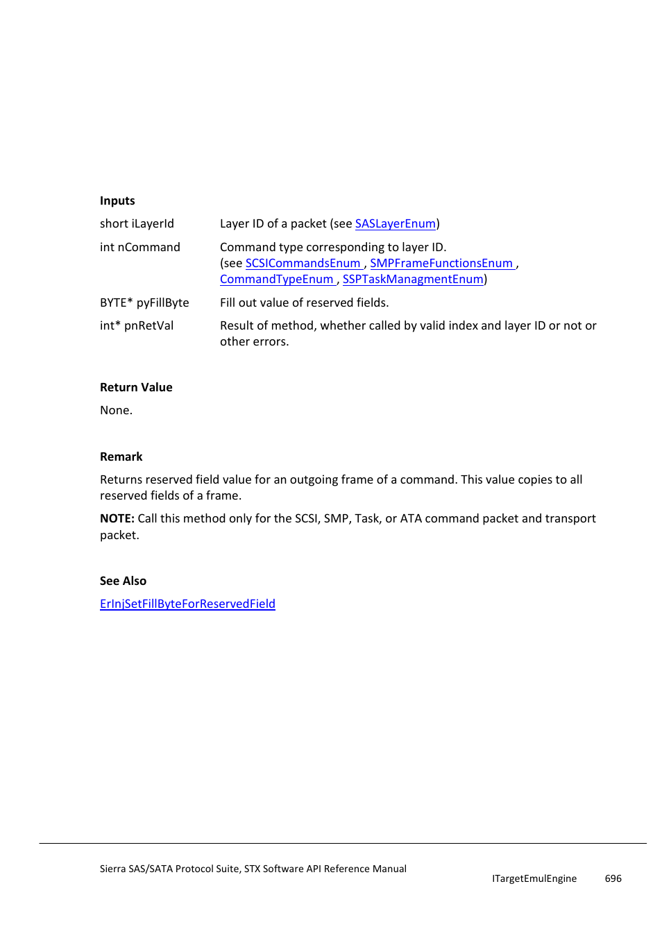 Erinjgetfillbyteforreservedfield, Erinjgetframeerrortype | Teledyne LeCroy Sierra SAS_SATA Protocol Analyzer STX API Reference Manual User Manual | Page 696 / 979