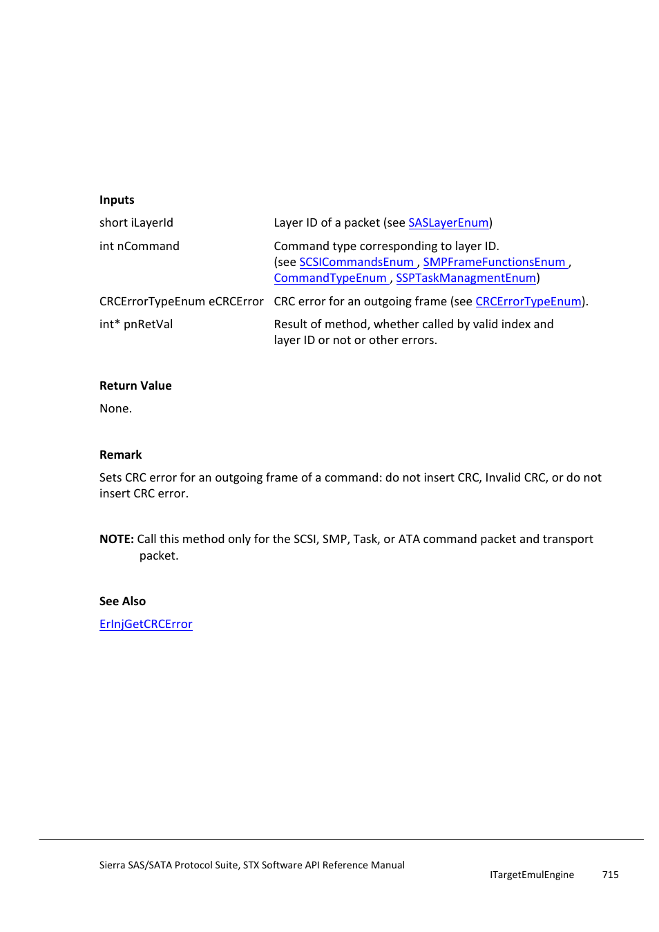 Erinjsetcrcerror, Erinjsetdelayresponsetohold | Teledyne LeCroy Sierra SAS_SATA Protocol Analyzer STX API Reference Manual User Manual | Page 715 / 979