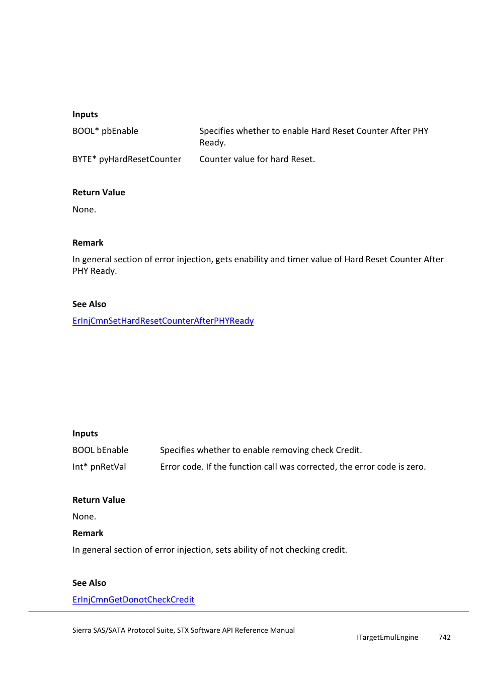 Erinjcmngethardresetcounterafterphyready, Erinjcmnsetdonotcheckcredit | Teledyne LeCroy Sierra SAS_SATA Protocol Analyzer STX API Reference Manual User Manual | Page 742 / 979