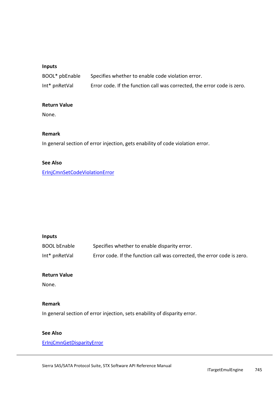 Erinjcmngetcodeviolationerror, Erinjcmnsetdisparityerror, Erinjidefgetcodeviolationerror | Teledyne LeCroy Sierra SAS_SATA Protocol Analyzer STX API Reference Manual User Manual | Page 745 / 979