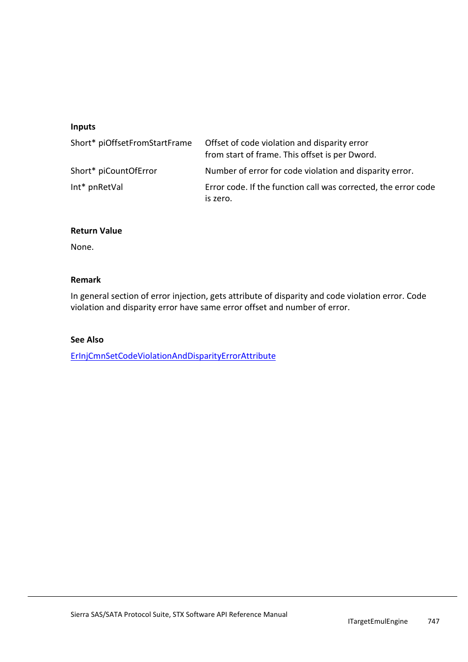 Erinjcmngetcodeviolationanddisparityerrorattribute, Erinjcmngetcodeviolationanddisparityerrora, Ttribute | Erinjcmnseteoferror | Teledyne LeCroy Sierra SAS_SATA Protocol Analyzer STX API Reference Manual User Manual | Page 747 / 979