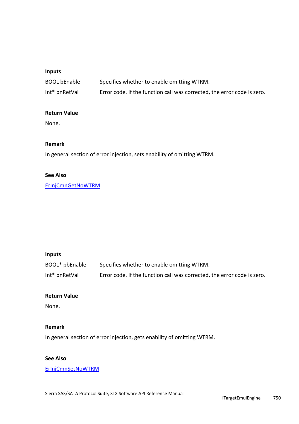 Erinjcmnsetnowtrm, Erinjcmngetnowtrm | Teledyne LeCroy Sierra SAS_SATA Protocol Analyzer STX API Reference Manual User Manual | Page 750 / 979