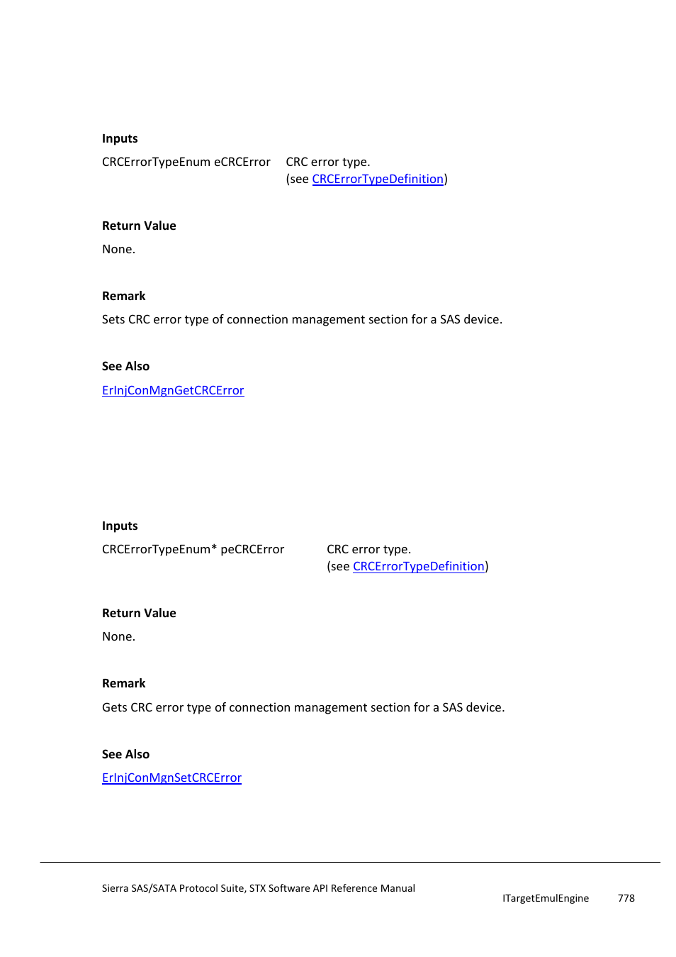 Erinjconmgnsetcrcerror, Erinjconmgngetcrcerror, Erinjconmgnsetsoaferror | Teledyne LeCroy Sierra SAS_SATA Protocol Analyzer STX API Reference Manual User Manual | Page 778 / 979