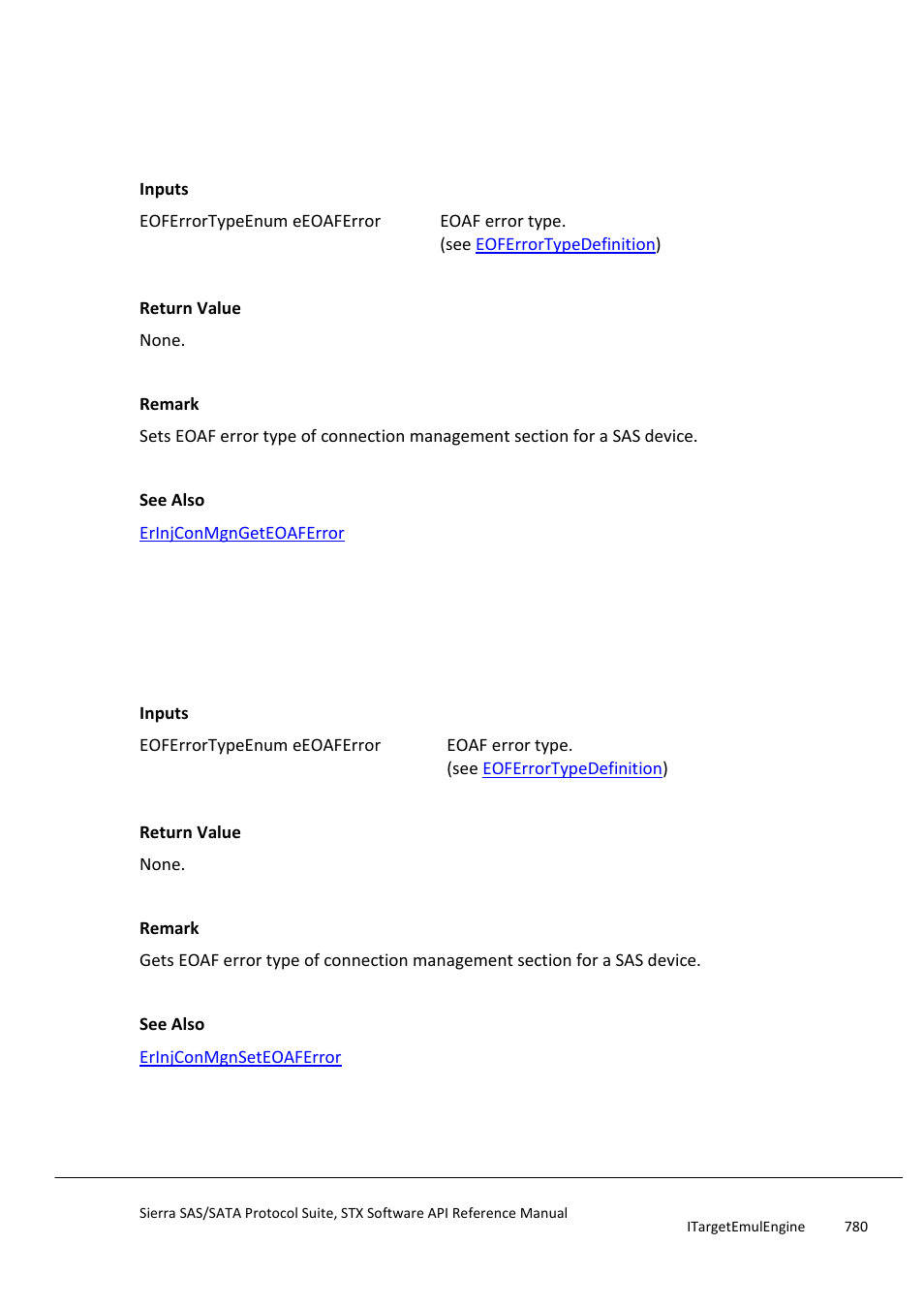 Erinjconmgnseteoaferror, Erinjconmgngeteoaferror, Erinjconmgnsetframelengtherror | Teledyne LeCroy Sierra SAS_SATA Protocol Analyzer STX API Reference Manual User Manual | Page 780 / 979