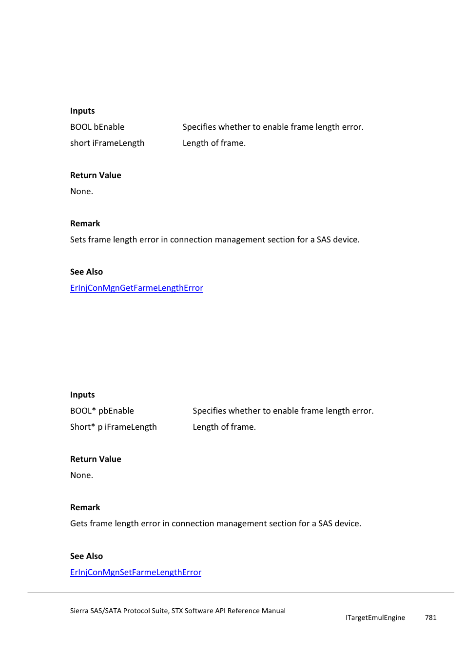 Erinjconmgnsetfarmelengtherror, Erinjconmgngetfarmelengtherror, Erinjconmgngetframelengtherror | Teledyne LeCroy Sierra SAS_SATA Protocol Analyzer STX API Reference Manual User Manual | Page 781 / 979