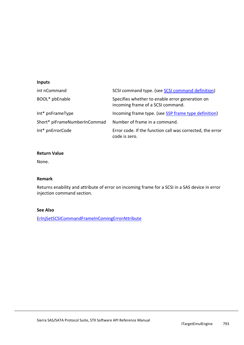 Erinjgetscsicommandframeincomingerrorattribute, Erinjsetsmpcommandgenerateerror | Teledyne LeCroy Sierra SAS_SATA Protocol Analyzer STX API Reference Manual User Manual | Page 793 / 979
