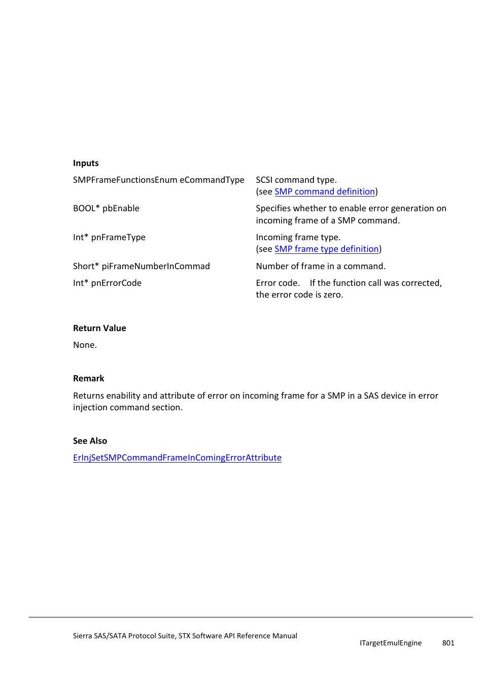 Erinjgetsmpcommandframeincomingerrorattribute, Erinjsettskmgncommandgenerateerror | Teledyne LeCroy Sierra SAS_SATA Protocol Analyzer STX API Reference Manual User Manual | Page 801 / 979