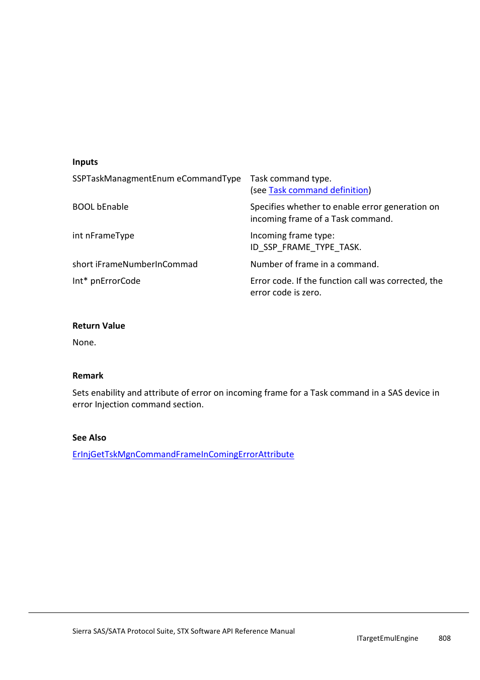 Erinjsettskmgncommandframeincomingerrorattribute, Erinjgettskmgncommandframeincomingerro, Rattribute | Teledyne LeCroy Sierra SAS_SATA Protocol Analyzer STX API Reference Manual User Manual | Page 808 / 979