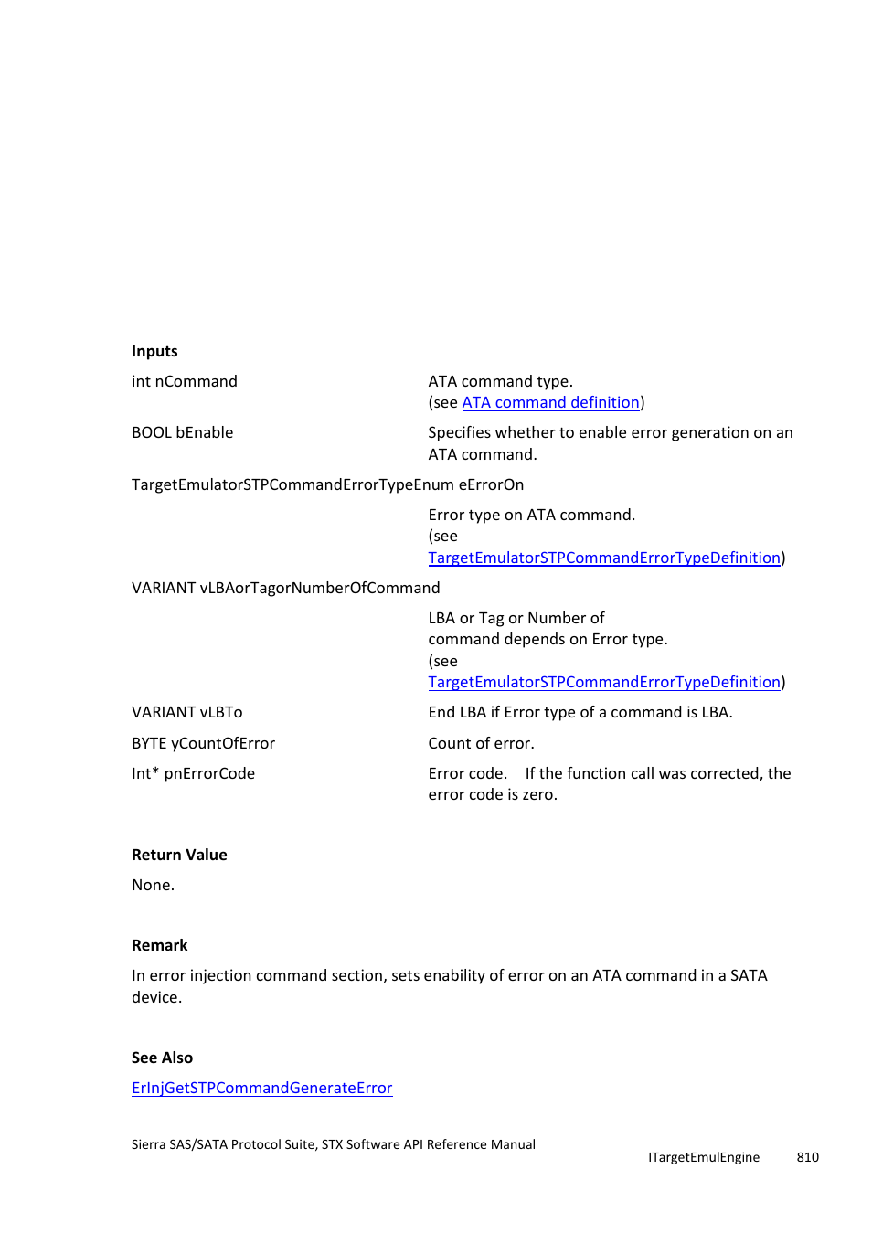 Erinjsetstpcommandgenerateerror | Teledyne LeCroy Sierra SAS_SATA Protocol Analyzer STX API Reference Manual User Manual | Page 810 / 979