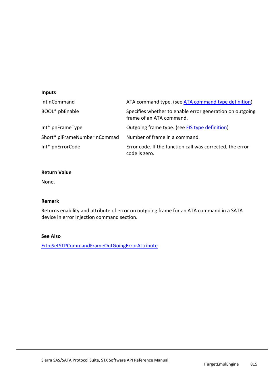 Erinjgetstpcommandframeoutgoingerrorattribute, Erinjsetstpcommandframeincomingerrorattr, Ibute | Teledyne LeCroy Sierra SAS_SATA Protocol Analyzer STX API Reference Manual User Manual | Page 815 / 979