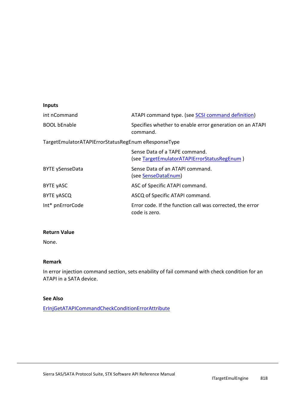 Erinjsetatapicommandcheckconditionerrorattribute, Erinjgetatapicommandcheckconditionerrora, Ttribute | Teledyne LeCroy Sierra SAS_SATA Protocol Analyzer STX API Reference Manual User Manual | Page 818 / 979