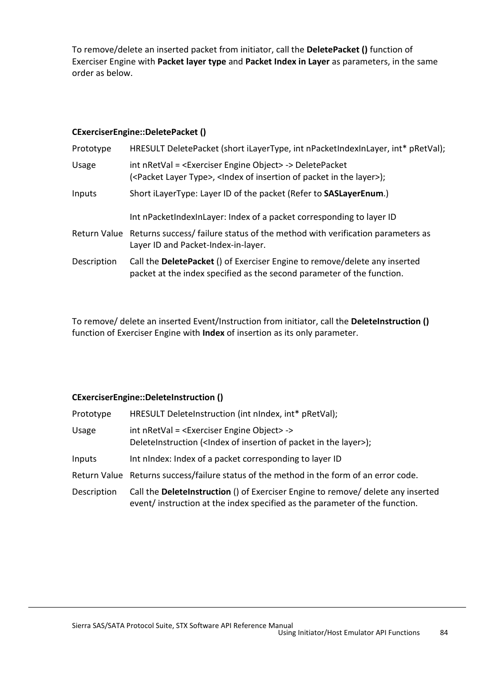 Remove/delete an inserted packet, Remove/delete an inserted event/instruction, Remove/delete an inserted instruction | Error injection on packets in initiator | Teledyne LeCroy Sierra SAS_SATA Protocol Analyzer STX API Reference Manual User Manual | Page 84 / 979