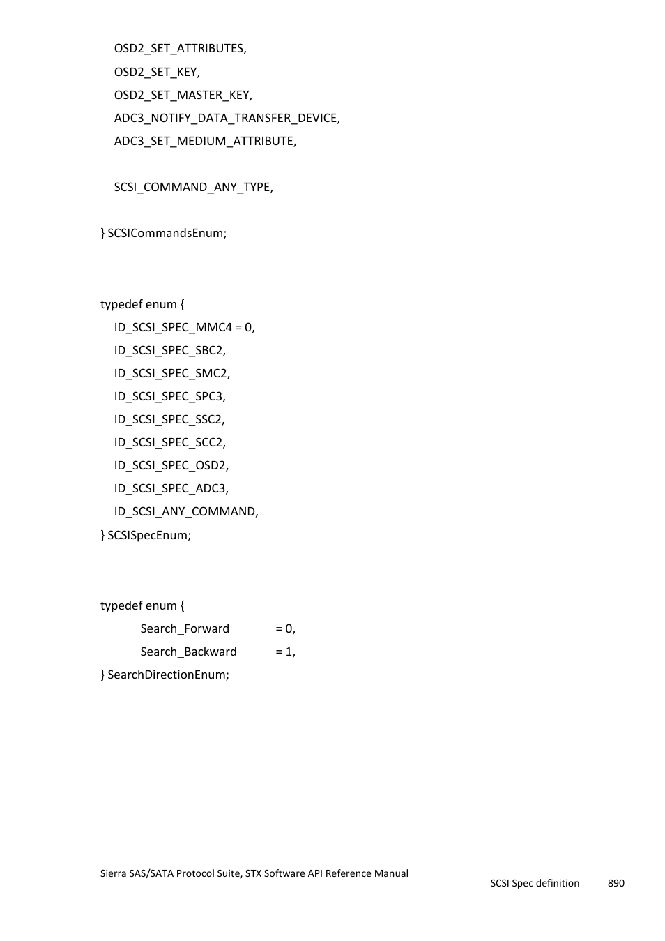 Scsi spec definition, Search direction definition, Scsispecenum | Searchdirection definition | Teledyne LeCroy Sierra SAS_SATA Protocol Analyzer STX API Reference Manual User Manual | Page 890 / 979