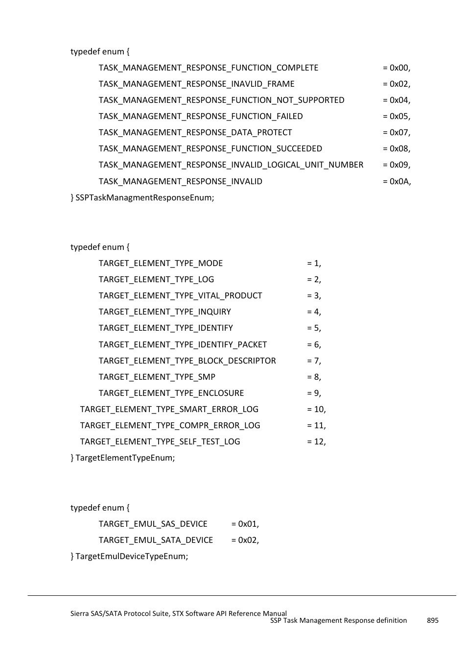 Ssp task management response definition, Target element type definition, Target emul device type definition | Teledyne LeCroy Sierra SAS_SATA Protocol Analyzer STX API Reference Manual User Manual | Page 895 / 979