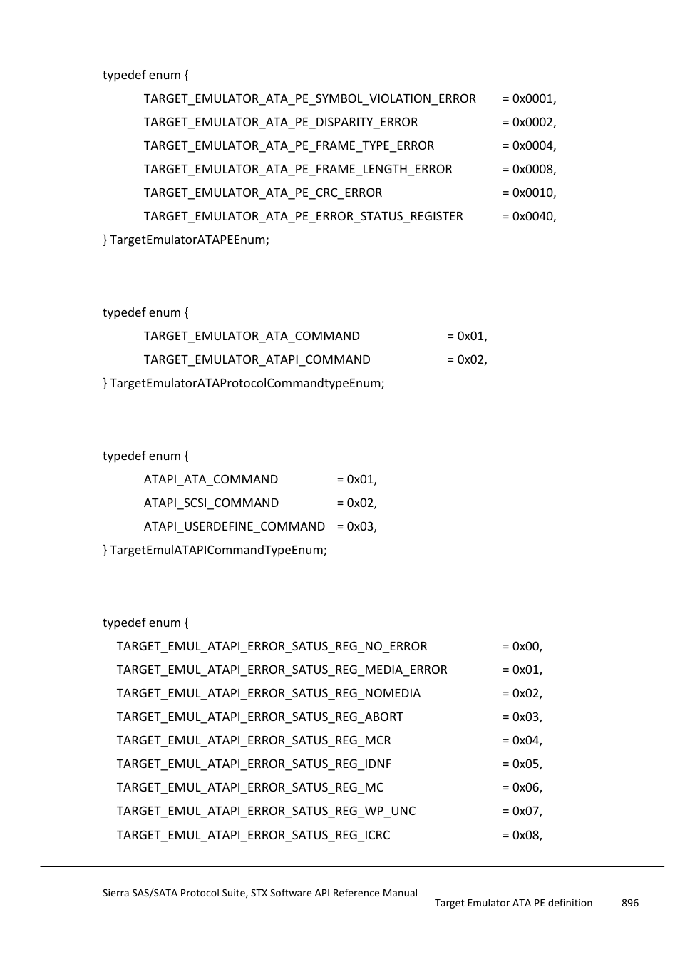 Target emulator ata pe definition, Target emulator atapi command type definition, Target emulator atapi error status reg definition | Teledyne LeCroy Sierra SAS_SATA Protocol Analyzer STX API Reference Manual User Manual | Page 896 / 979