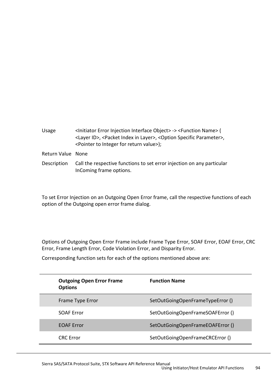 Error injection on outgoing open error | Teledyne LeCroy Sierra SAS_SATA Protocol Analyzer STX API Reference Manual User Manual | Page 94 / 979