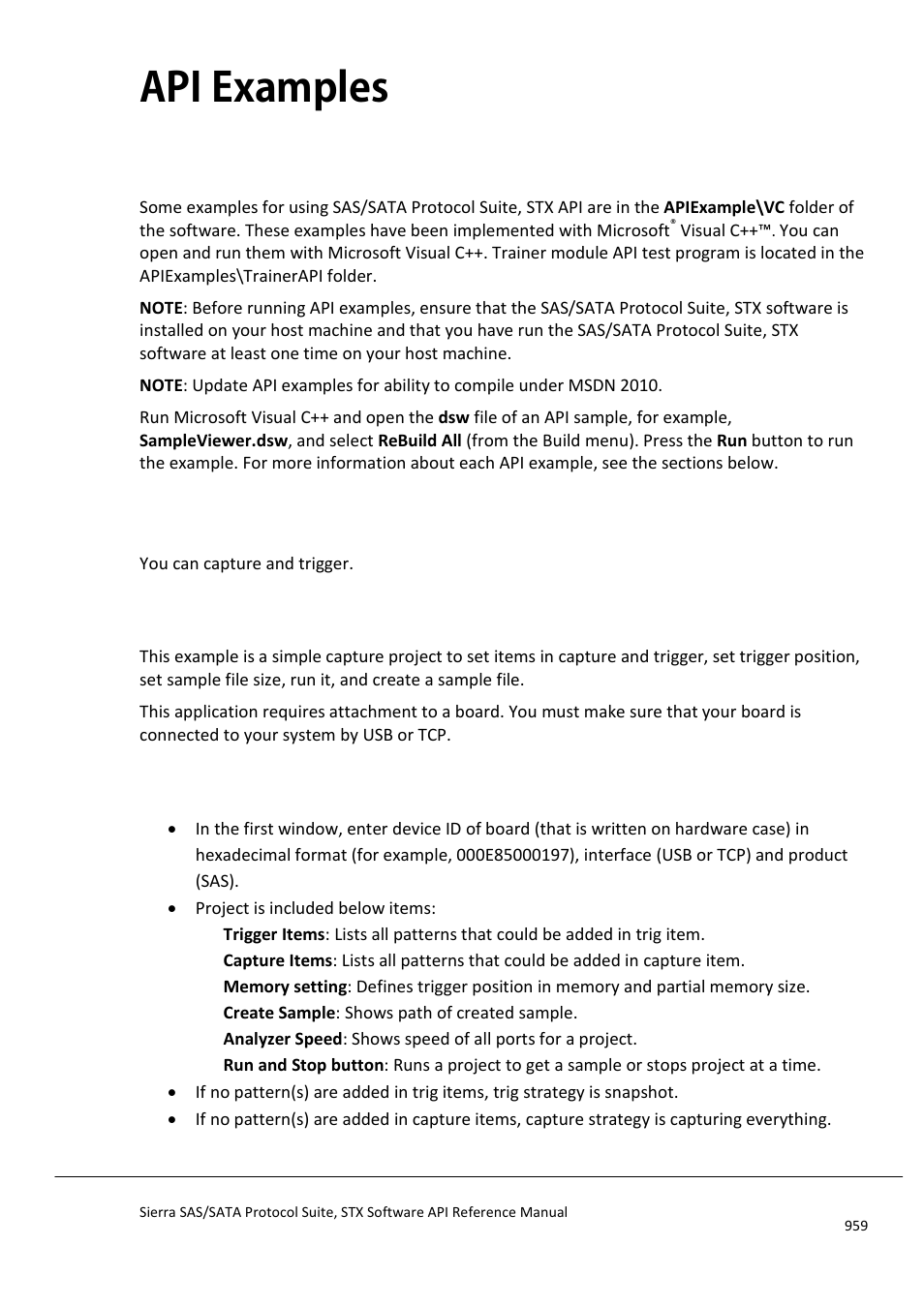 Api examples, Test capture project, General | Specification | Teledyne LeCroy Sierra SAS_SATA Protocol Analyzer STX API Reference Manual User Manual | Page 959 / 979