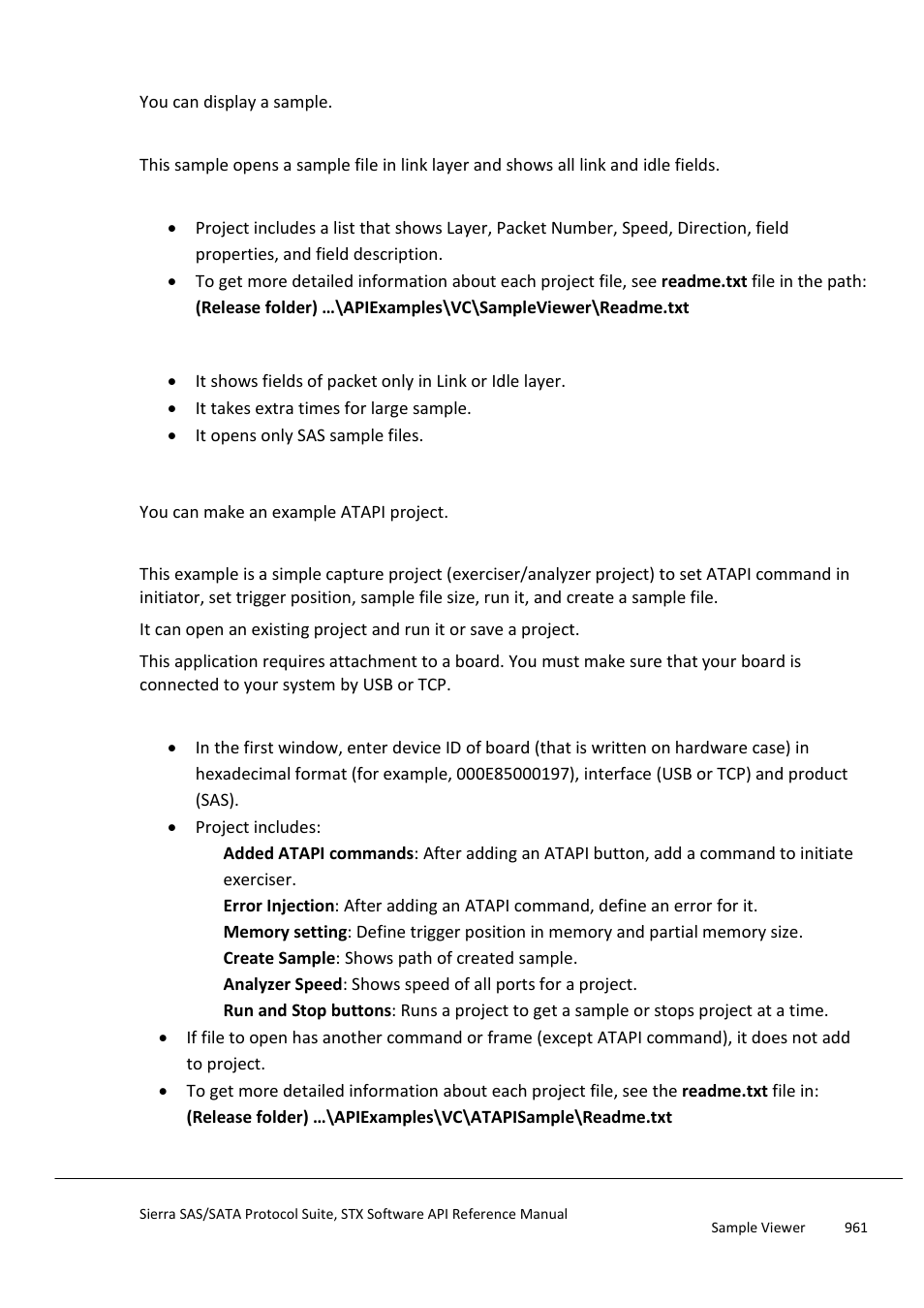 Sample viewer, General, Specification | Limitation, Atapi sample | Teledyne LeCroy Sierra SAS_SATA Protocol Analyzer STX API Reference Manual User Manual | Page 961 / 979