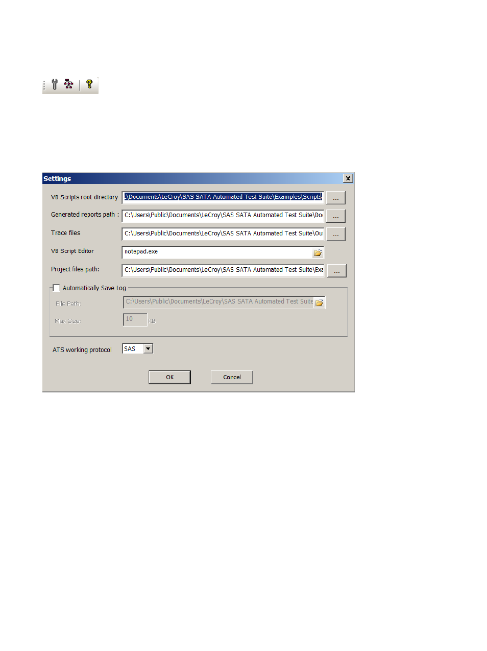 1 main toolbar, Main toolbar, Settings dialog | Teledyne LeCroy ST Automated Test Suite User Manual User Manual | Page 6 / 33