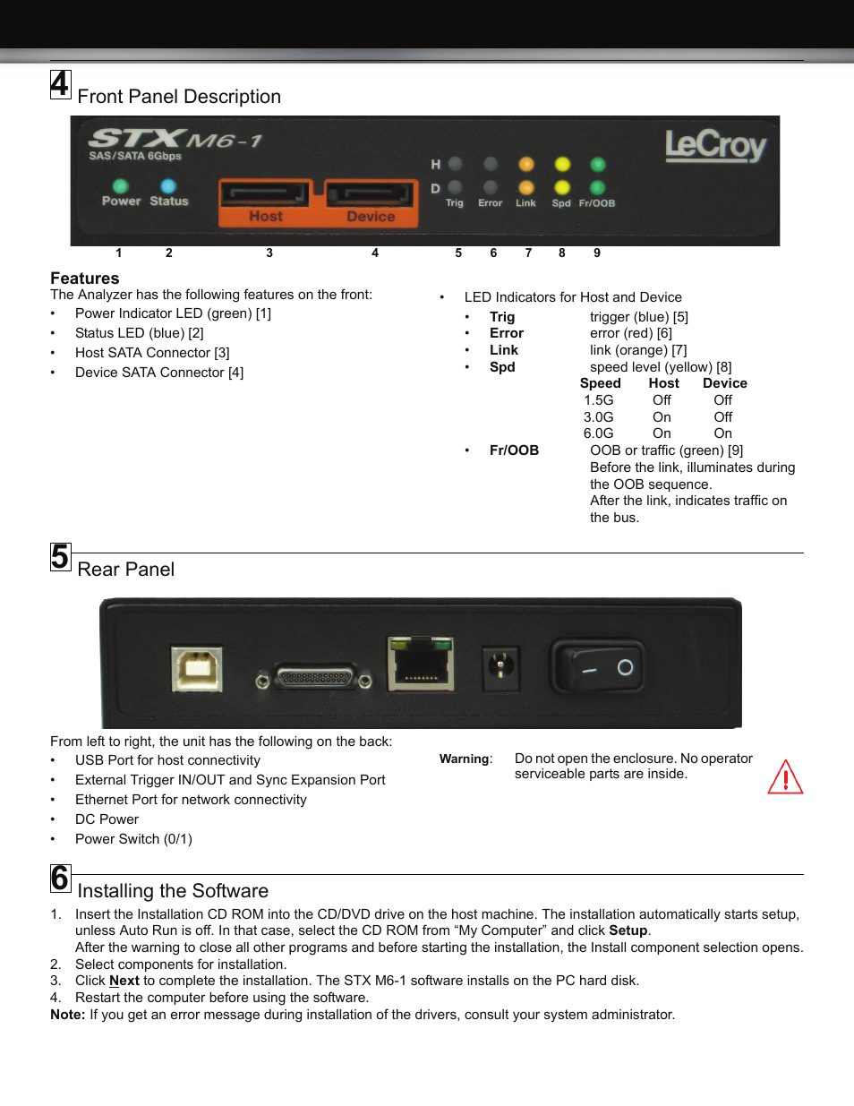 Rear panel, Front panel description, Installing the software | Teledyne LeCroy STX M6-1 SAS_SATA Protocol Analyzer Quick Start Manual User Manual | Page 2 / 4