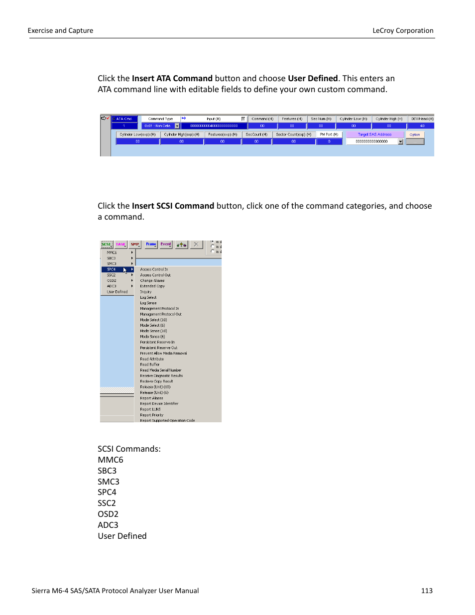 Adding a user-defined ata command, Adding a scsi command (sas only) | Teledyne LeCroy STX M6-1 SAS_SATA Protocol Analyzer User Manual User Manual | Page 115 / 468