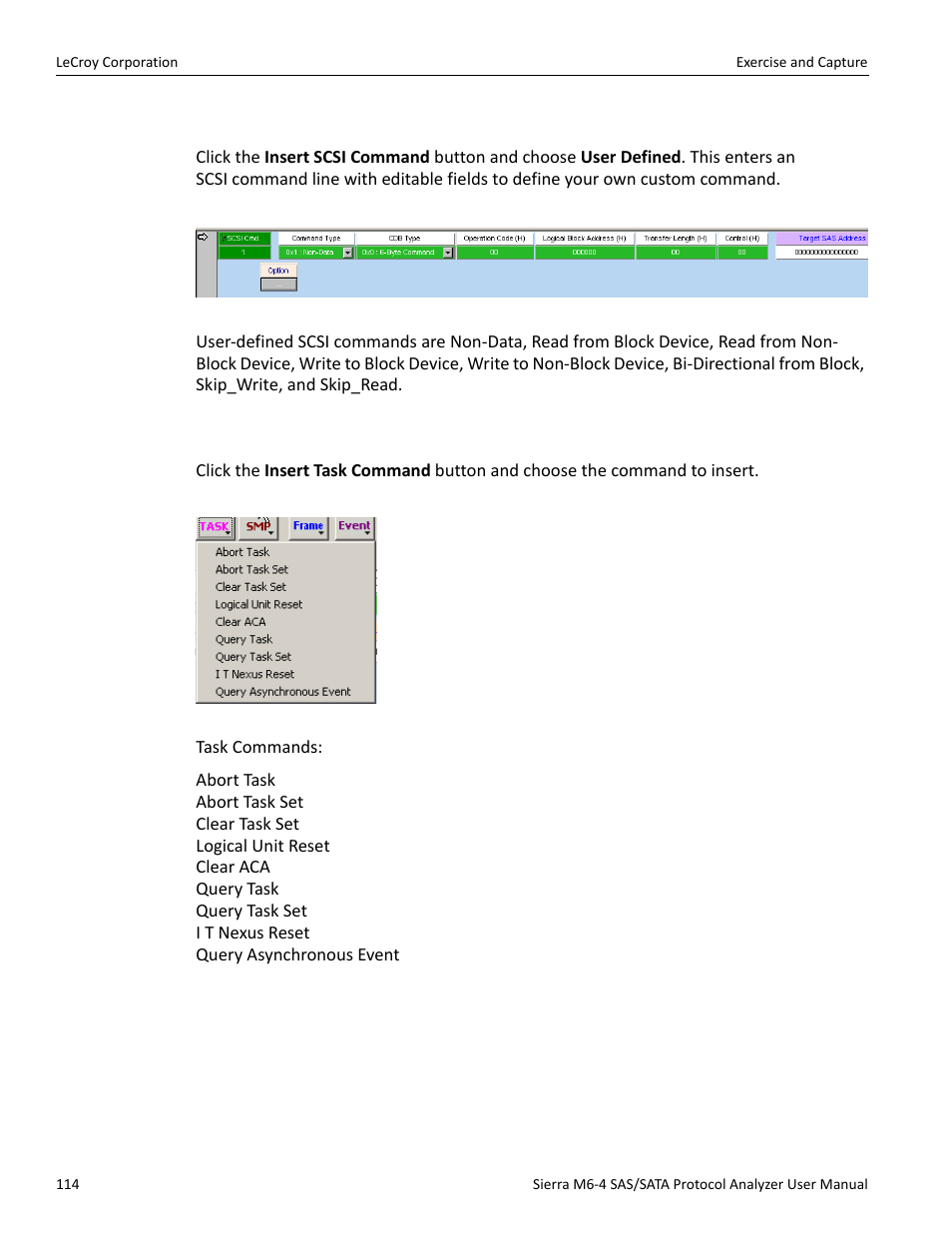 Adding a user-defined scsi command (sas only), Adding a task command (sas only) | Teledyne LeCroy STX M6-1 SAS_SATA Protocol Analyzer User Manual User Manual | Page 116 / 468