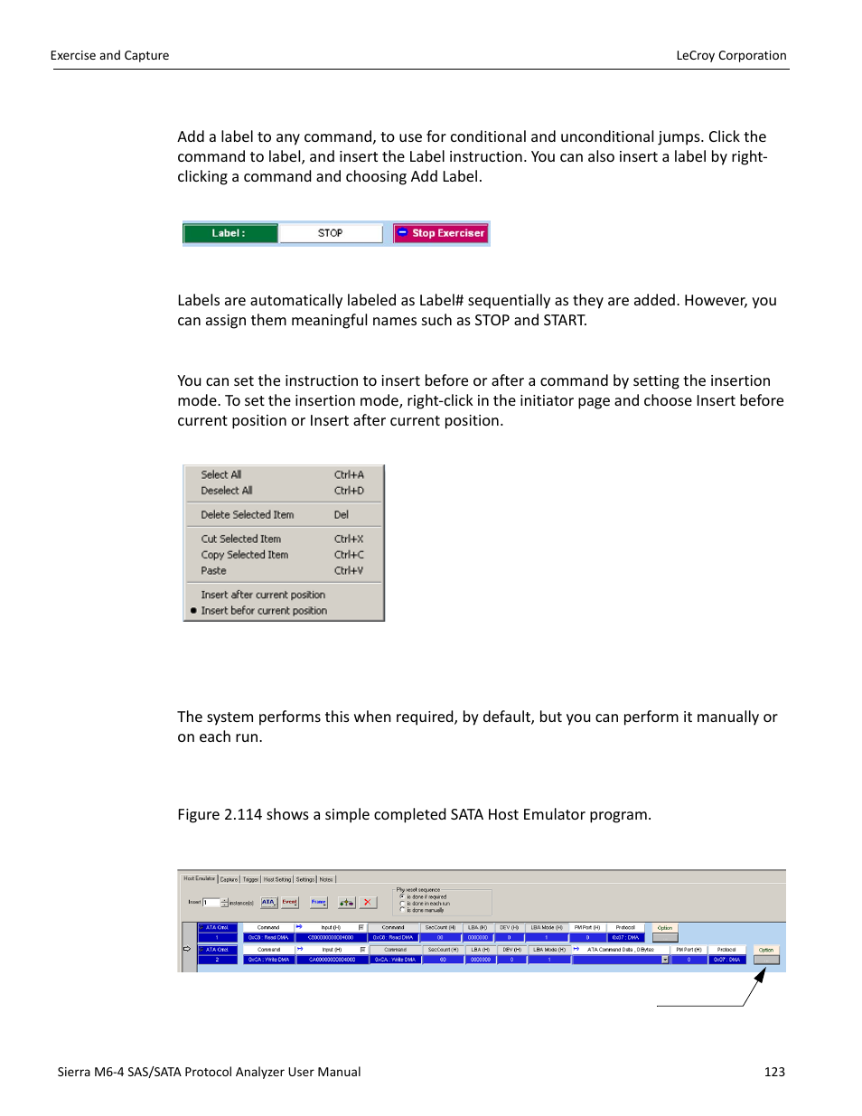 Add a label, Instruction insert, Phy reset sequence and identification | Sample host emulator program (sata only) | Teledyne LeCroy STX M6-1 SAS_SATA Protocol Analyzer User Manual User Manual | Page 125 / 468