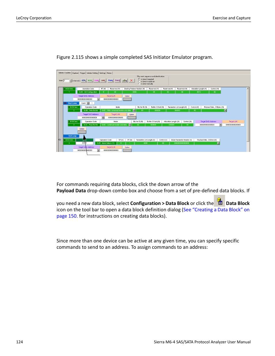 Sample initiator emulator program (sas only), Data blocks, Exercising specific addresses | Teledyne LeCroy STX M6-1 SAS_SATA Protocol Analyzer User Manual User Manual | Page 126 / 468