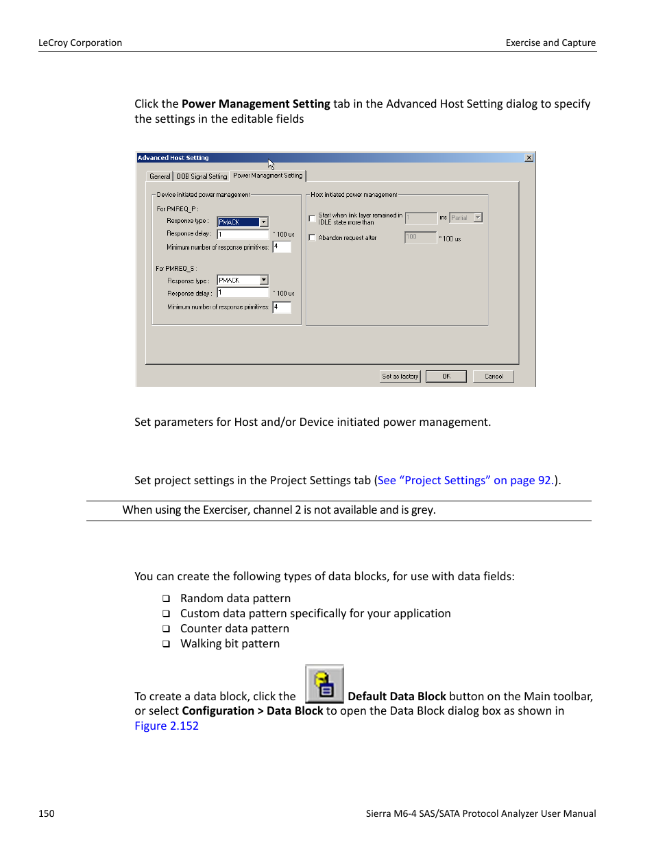 Project settings, Creating a data block | Teledyne LeCroy STX M6-1 SAS_SATA Protocol Analyzer User Manual User Manual | Page 152 / 468