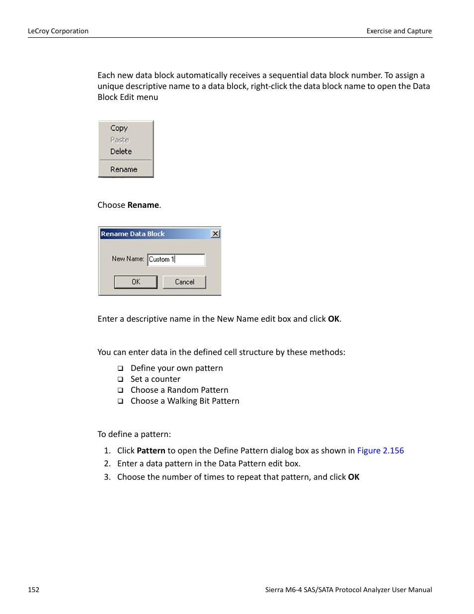 Naming a data block, Editing a data block | Teledyne LeCroy STX M6-1 SAS_SATA Protocol Analyzer User Manual User Manual | Page 154 / 468
