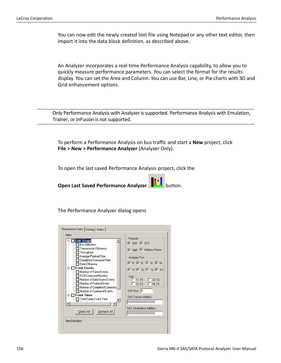 Performance analysis, Performance analysis with analyzer only, New performance analysis project | Last saved performance analysis project, Performance analysis project, See “performance analysis” on | Teledyne LeCroy STX M6-1 SAS_SATA Protocol Analyzer User Manual User Manual | Page 158 / 468